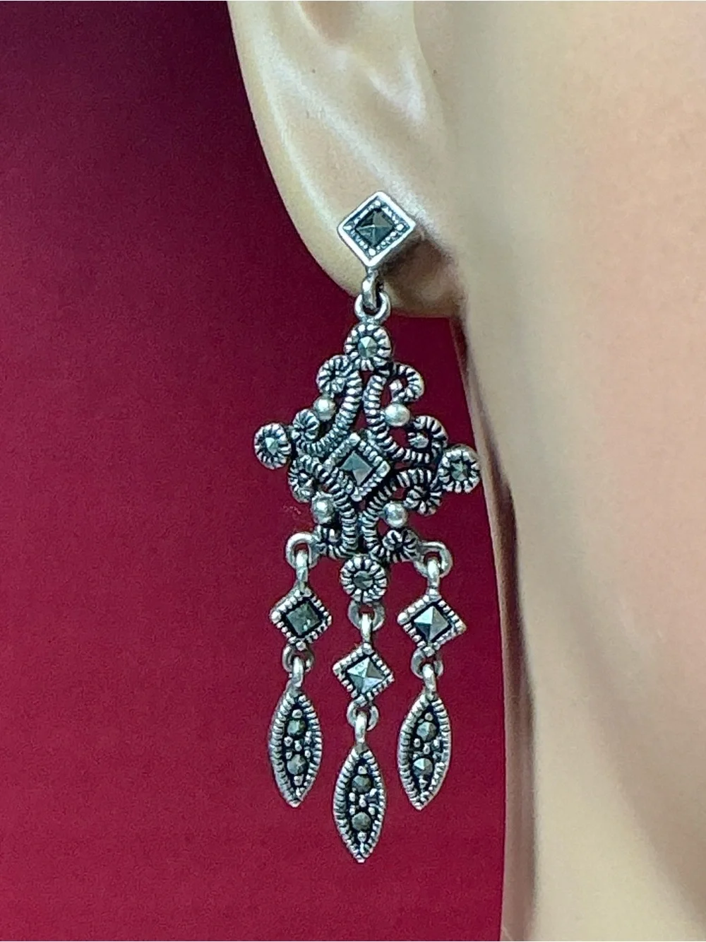 Sterling Silver Chandelier Style Dangle Earrings with Marcasite. 1.75” long